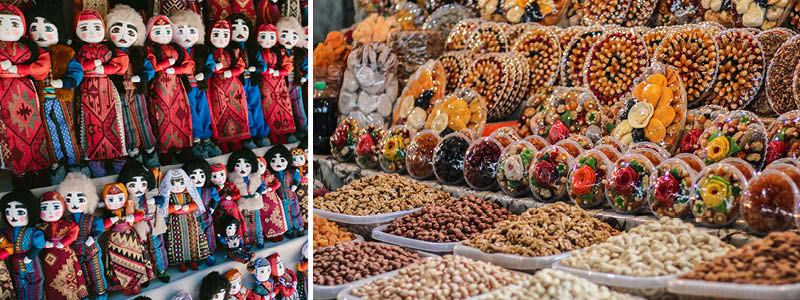 Kryddor och armeniska kläder på en marknad i Jerevan, Armenien.